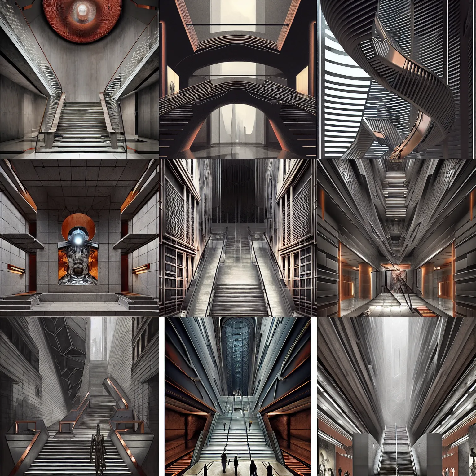 Prompt: majestic entrance to retrofuturistic moma museum nyc, abstract shapes, symmetrical, stairs going up, concrete steel glass, intricate copper details, high contrast, muted colors, concept art, greg rutkowski and h r giger