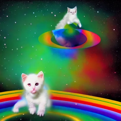 Prompt: a white kitten passing through a prism and becoming kittens of every color of the rainbow, fantasy illustration,