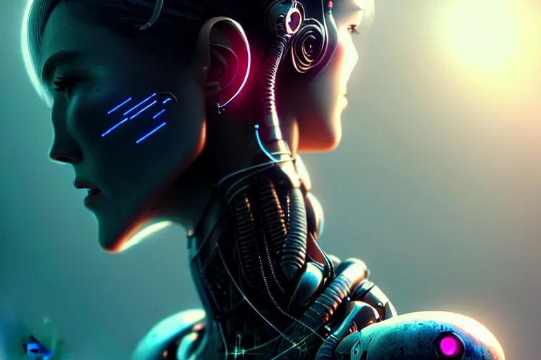 Prompt: ultra realistic, beautiful cyborg woman, sci-fi, fantasy, cyberpunk, intricate, elegant, highly detailed, digital painting, octane render, artstation, concept art, smooth, sharp focus, illustration