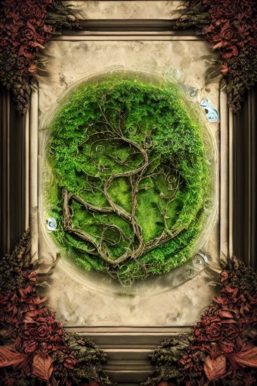 Prompt: book cover, frame border with ivy, high quality fantasy stock photo, unsplash transparent, forest and moon, intricate detail, elegant, hyper realistic, ultra detailed, octane render, volumetric cinematic lighting, 8 k post - production