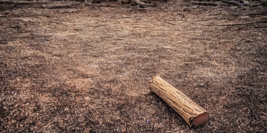 Image similar to ominous log of wood floating in a dusty scenery, dangerous aura, low angle shot