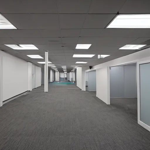 Prompt: the backrooms : an endless maze of randomly generated office rooms and other environments. it is characterized by the smell of moist carpet, walls with a monochromatic tone of dirty off - white, 1 9 8 0's style carpeted walls and buzzing fluorescent lights