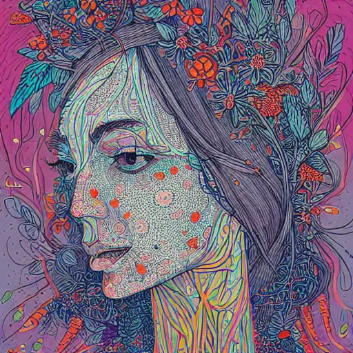 Image similar to a beautiful head of a woman partially made of carrots and blueberries, an ultrafine detailed illustration by james jean, intricate linework, bright colors, behance contest winner, vanitas, angular, altermodern, unreal engine 5 highly rendered, global illumination, radiant light, detailed and intricate environment