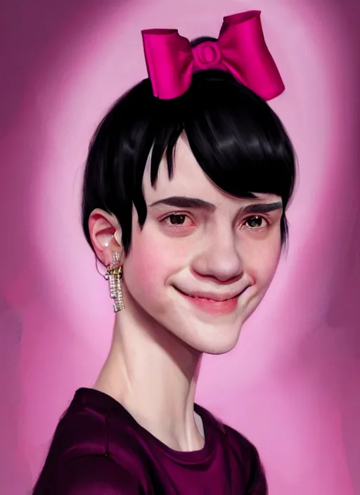 Image similar to portrait of teenage girl, realistic, black hair, bangs, half updo hairstyle, pointy nose, skinny, smile, ugly, defined jawline, big chin, pink hair bow, earrings, intricate, elegant, glowing lights, highly detailed, digital painting, artstation, sharp focus, illustration, art by wlop, mars ravelo and greg rutkowski