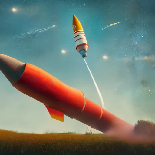 Image similar to multicolor 3 d render of a surreal rocket ship flying in the sky by stalenhag created at future in 4 k ultra high resolution, with inspiring feeling