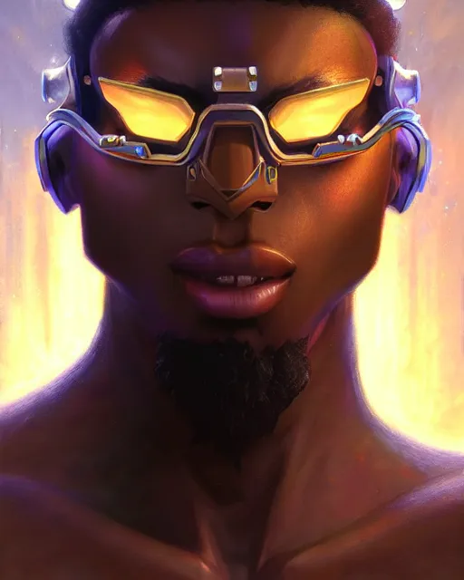 Image similar to baptiste from overwatch, fantasy, fantasy art, character portrait, portrait, close up, highly detailed, intricate detail, amazing detail, sharp focus, vintage fantasy art, vintage sci - fi art, radiant light, caustics, by boris vallejo