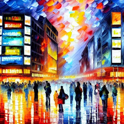 Prompt: Oil painting of Shibuya Crossing by Leonid Afremov