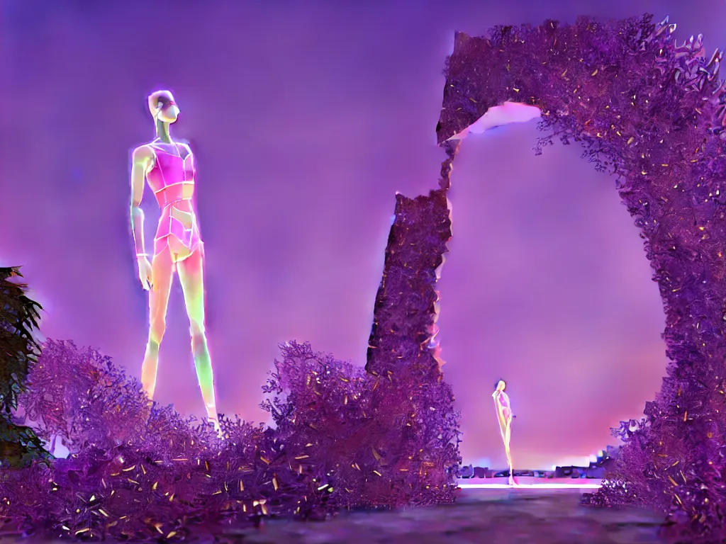 Image similar to beautiful mannequin sculpted out of amethyst by billelis + lit with 3 d geometric neon + facing a doorway opening with neon pink geometric fractal light + flowering hosta plants!!!, moon + city of los angeles in background!! dramatic, rule of thirds, award winning, 4 k, trending on artstation, photorealistic, volumetric lighting, octane render