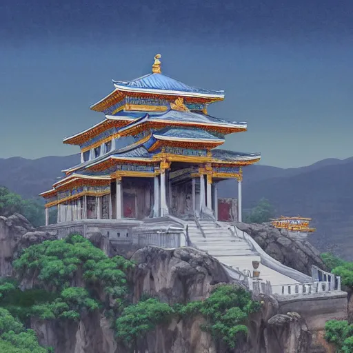 Image similar to concept art painting of a marble temple on top of a mountain, with greek and japanese architecture, overlooking a valley with a village below, realistic, detailed, cel shaded, in the style of makoto shinkai and greg rutkowski and albert bierstadt and james gurney