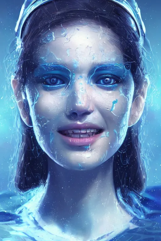 Image similar to 3 d, sci - fi, close - up, morning, smiling fashion model face, sun, cinematic, clouds, sun rays, vogue cover style, poster art, blue mood, realistic painting, intricate oil painting, high detail illustration, figurative art, multiple exposure, poster art, by tooth wu and wlop and beeple and greg rutkowski