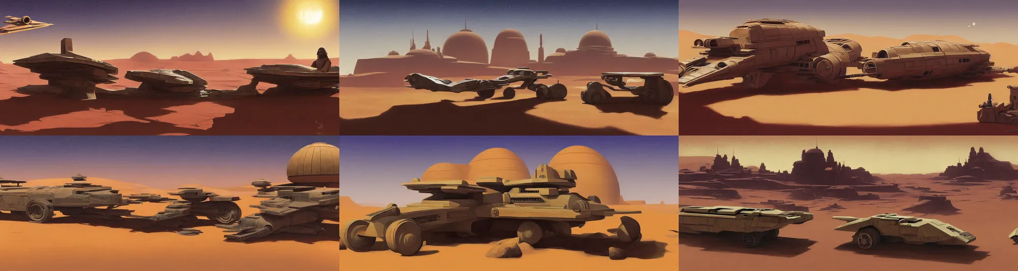 Prompt: a digital matte painting of a starwars landspeeder as a 1920s car on tatooine by Ralph McQuarrie Albert Bierstadt Xuteng Pan digital painting, concept art, smooth, sharp focus, art style from Wang Ke and Greg Rutkowski and Bruce Kaiser and Scott Robertson and Dmitry Mazurkevich and Doruk Erdem and Jon Sibal artstation 4k