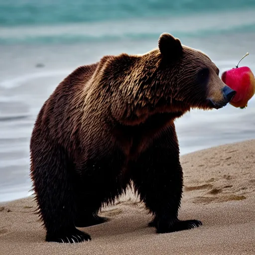 Image similar to national geographic photograph of a bear eating an apple, on the beach