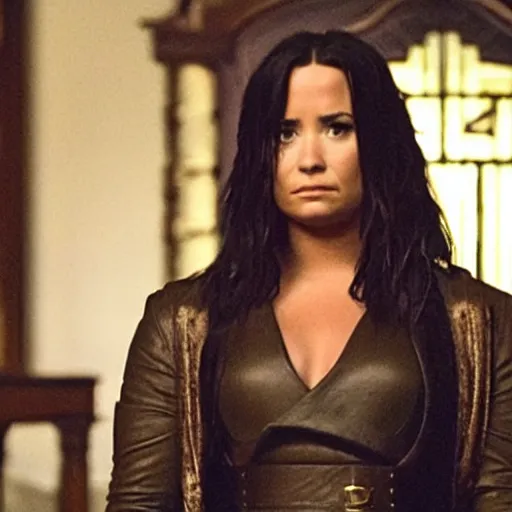 Image similar to close-up of Demi Lovato as Piper Halliwell in a Charmed movie directed by Christopher Nolan, movie still frame, promotional image, imax 35 mm footage