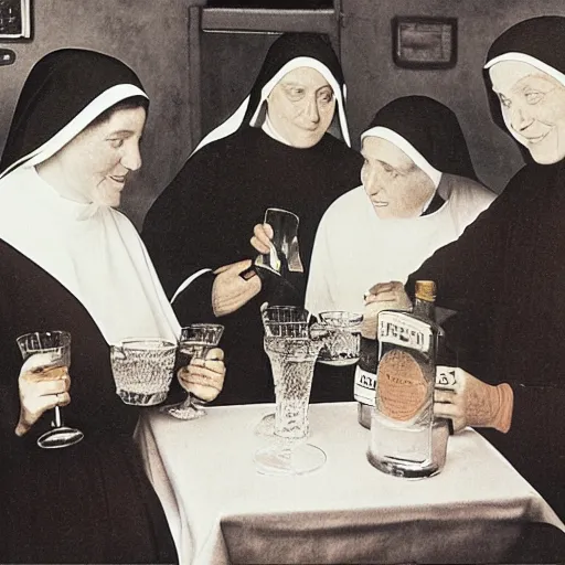 Image similar to a group of nuns enjoying themselves at a dive tavern, low light, Smokey haze above, whiskey bottles, by Norman Rockwell