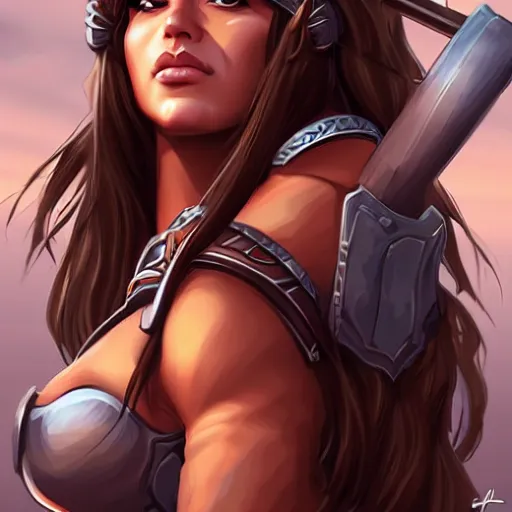 Prompt: head and shoulders portrait of a barbarian, female, by artgerm, behance hd, shutterstock, clean cel shaded vector art illustration,