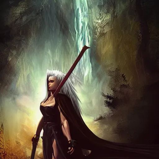 Image similar to sephiroth, Female Mage conjuring a spell, realistic, ultra detailed, menacing, powerful, dark, golden hour, forest, mountains in the background concept art Ross Tran