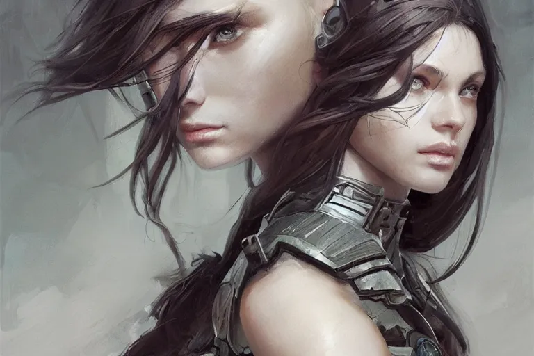 Image similar to a portrait of an attractive young woman, clothed in battle armor, olive skin, long dark hair, beautiful bone structure, symmetrical facial features, intricate, elegant, highly detailed, digital painting, trending on Artstation, concept art, smooth, sharp focus, illustration, from Metal Gear by Ruan Jia and Mandy Jurgens and Artgerm and greg rutkowski and william-adolphe bouguerea, award winning