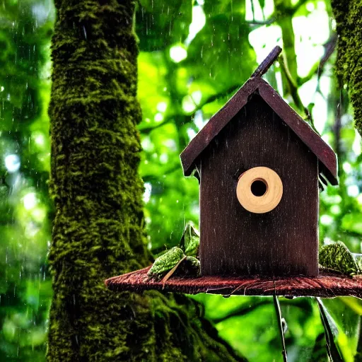 Prompt: wooden birdhouse in a tree in the rain forest, mushrooms and leaves on the birdhouse, mushrooms, dense rain forest, backlit, realistic, beautiful lighting