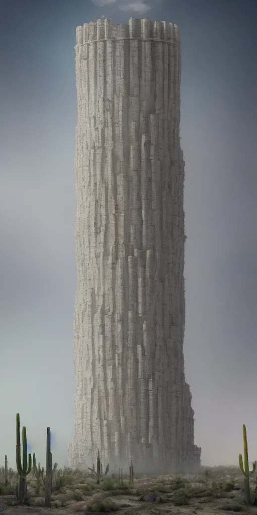 Prompt: urreal theory of a white stepped high tech architecture, ancient epic tower of babylon in the mining tailings in the desert, biroremediation plant, foggy, patchy cactus, oil painting, pale colors, high detail, 8 k, wide angle, trending on artstation, behance