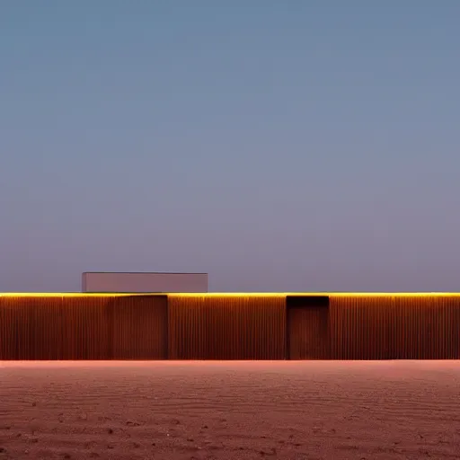 Image similar to concrete structure in the desert at night, neon lights, minimalist architecture, james turrel,