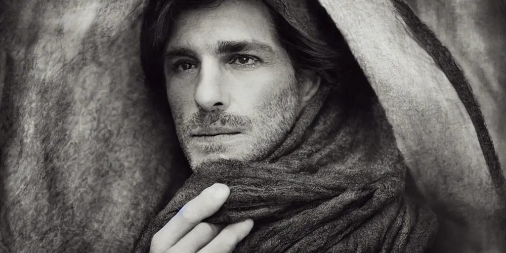 Prompt: a man with a slight stubble is lookin through the shawl, photo by Annie Leibovitz,