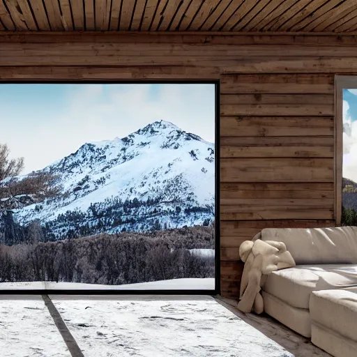 Prompt: a photo from the back of a landscape of a house with views on snowy mountains, high detailed, hyper realistic, art station, 4k, 8k, atmosphere, cgstation