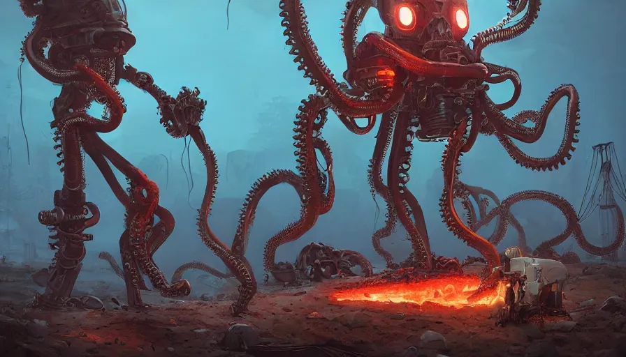 Image similar to a digital art portrait of post apocalyptic robot octopus with human skulls by Simon Stalenhag, mechanical human skull with power armour character design, character sheet, 4k, ultra detail, volumetric lighting, unreal engine, octane render