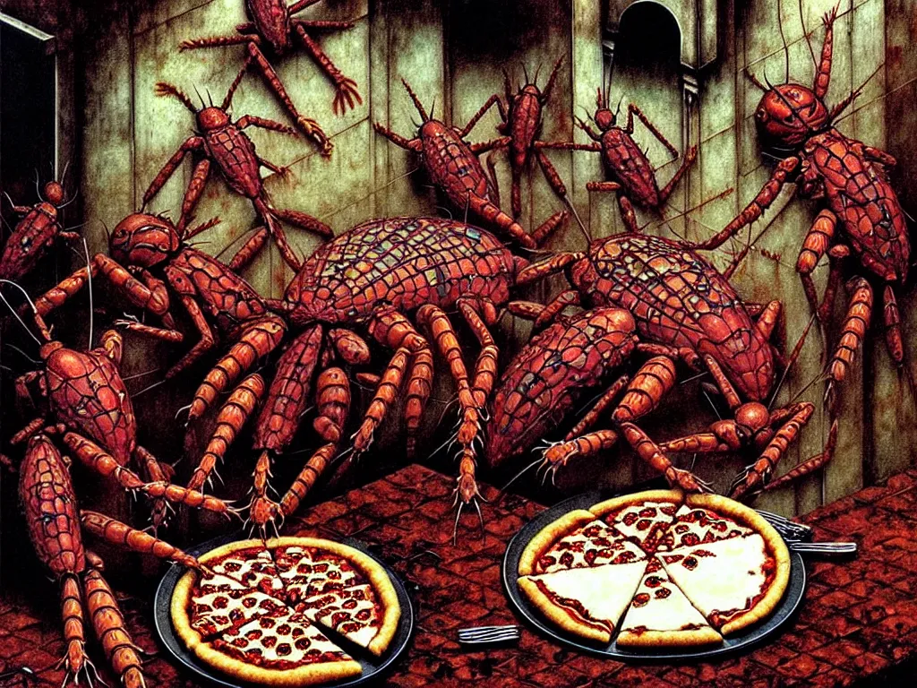 Prompt: cockroaches eating a moulded pizza in an old dirty soviet kitchen by karol bak, neo - gothic, gothic, rich deep colors. beksinski painting, from a movie by david cronenberg. art by takato yamamoto. masterpiece. realistic detailed image