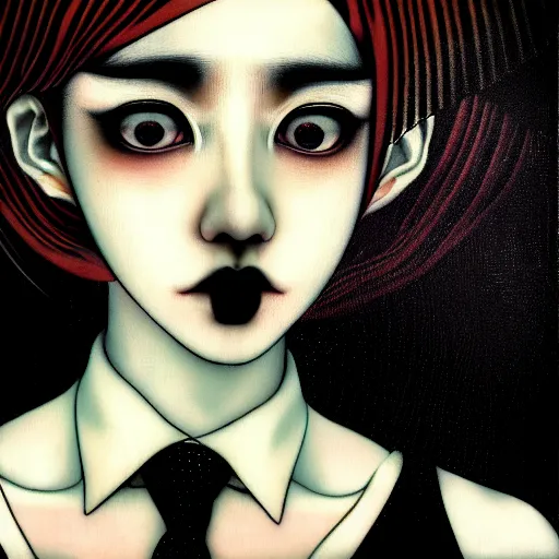 Image similar to yoshitaka amano blurred and dreamy realistic three quarter angle portrait of a young woman with black lipstick and black eyes wearing dress suit with tie, junji ito abstract patterns in the background, satoshi kon anime, noisy film grain effect, highly detailed, renaissance oil painting, weird portrait angle, blurred lost edges