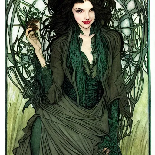 Image similar to a beautiful picture of doctor poison ivy professor of botany holding office hours, academic clothing, dark eyeliner, intricate, elegant, highly detailed, digital painting, artstation, concept art, matte, sharp focus, illustration, art by rebecca guay and by arthur rackham and by alphonse mucha and by john william waterhouse