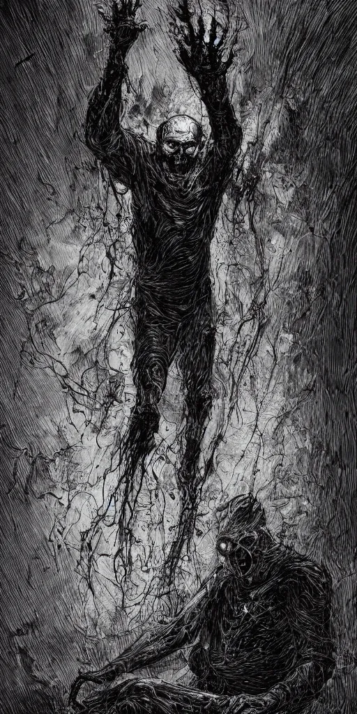 Image similar to concept art of only one man, evil man in a menacing pose, with his body covered in burns, with black smoke coming out of his hands, full body, dark colors, sinister atmosphere, dramatic lighting, cinematic, establishing shot, extremely high detail, photo realistic, cinematic lighting, pen and ink, intricate line drawings, by Yoshitaka Amano, Ruan Jia, Kentaro Miura, Artgerm, post processed, concept art, artstation, matte painting, style by eddie mendoza, raphael lacoste, alex ross,