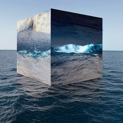 Image similar to a cube in the middle of the sea with images of a tumultuous sea on its sides. in the style of Richard Serra