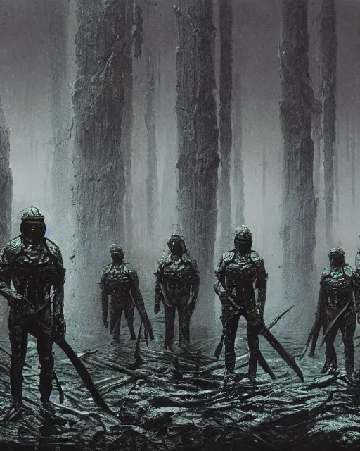 Image similar to group of sardaukar soldiers in a chlorine swamp, retrofuturism sci - fi old movie, highly detailed, photorealistic, 8 k, by beksinski and stalenhag