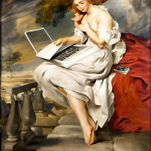 Image similar to heavenly summer sharp land sphere scallop well dressed lady working on her laptop auslese, by peter paul rubens and eugene delacroix and karol bak, hyperrealism, digital illustration, fauvist, looking at her imac laptop