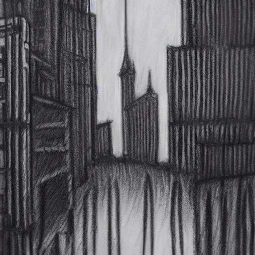 Prompt: A gloomy haunted city of tall buildings. In charcoal style.