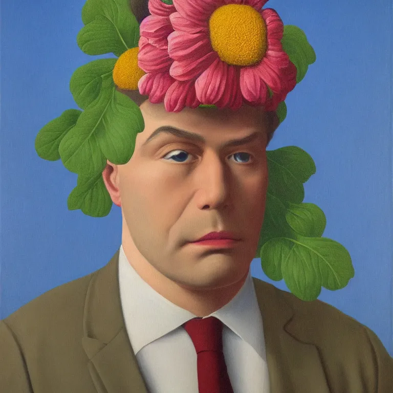 Prompt: portrait of man in a suit with flower head by rene magritte, detailed painting, hd, hq, high resolution, high detail, 4 k, 8 k