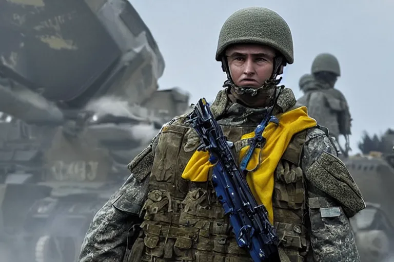 Image similar to promotional image of <Ukrainian fully equiped soldier with blue and yellow flag> as <Professional soldiers> in the new movie directed by <Tetsuya Nomura>, <fully equiped professional soldiers>, detailed face, movie still frame, promotional image, imax 70 mm footage