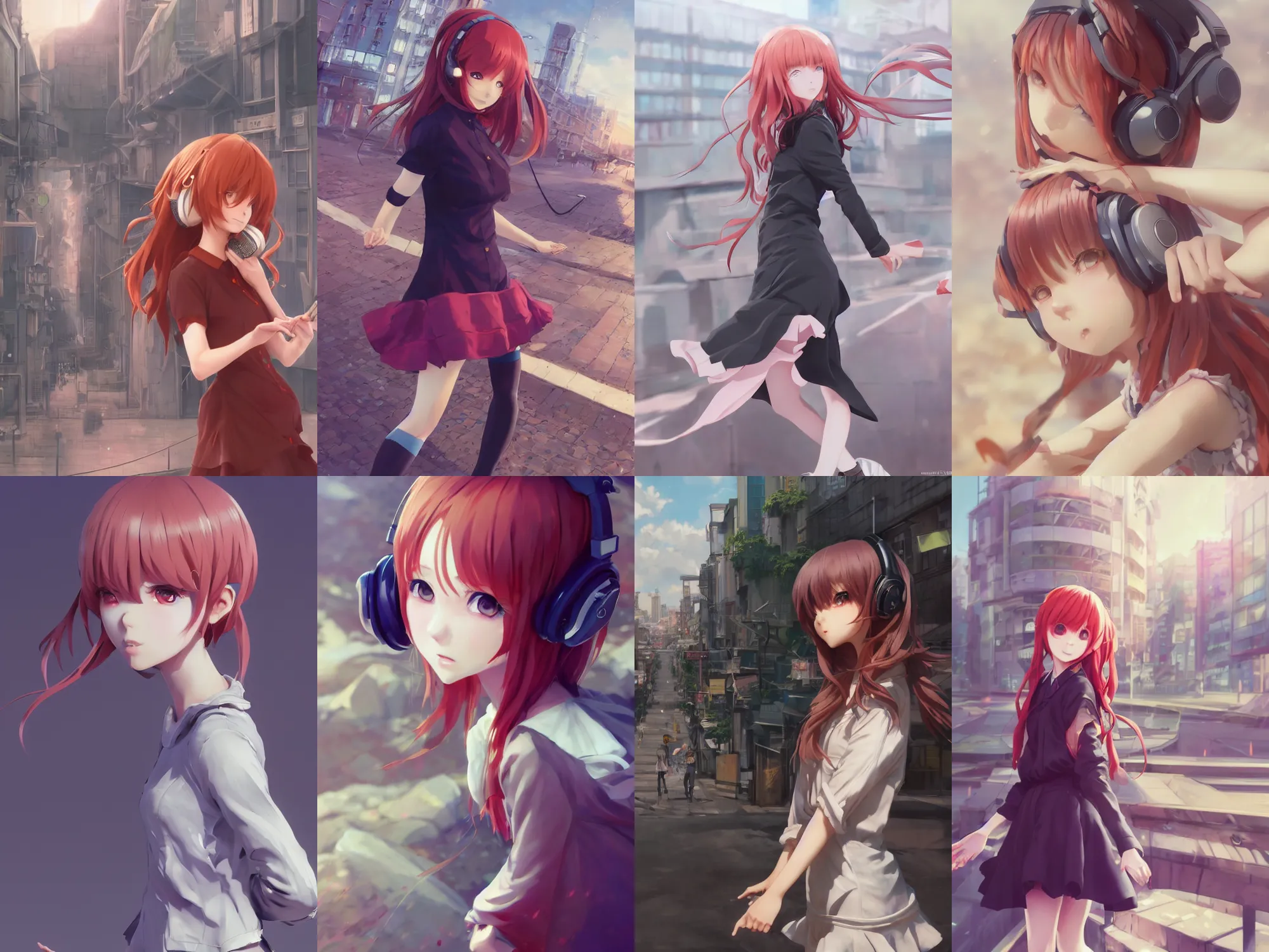 Prompt: complicated dynamic composition,realistic anime style at Pixiv CGSociety by WLOP,ilya kuvshinov,krenz cushart,Greg Rutkowski,trending on artstation. Zbrush sculpt colored,Octane render in Maya and Houdini VFX,cute young redhead girl in motion, expressing joy, dress,headphones,silky hair, deep eyes.In cityscape.Amazing textured brush strokes.Cinematic dramatic atmosphere,sharp focus, soft volumetric studio lighting.