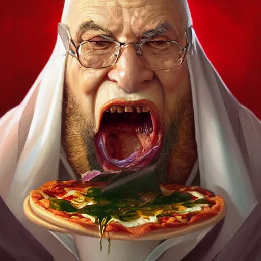 Image similar to portrait of evil grandma opening his mouth to eat pizza, highly detailed, digital painting, artstation, concept art, sharp focus, illustration, art by artgerm and greg rutkowski and alphonse mucha