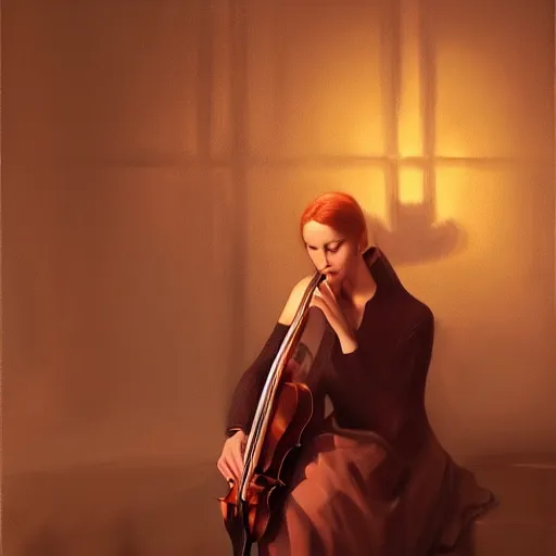 Image similar to violin character playing a woman, oil painting, artstation, dramatic lighting, symmetry, beautiful