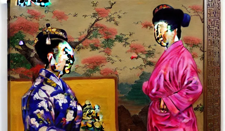 Image similar to Nardwuar speaking to the Empress Dowager Cixi, low angle, oil painting, wide shot, by Juan Luna, dramatic