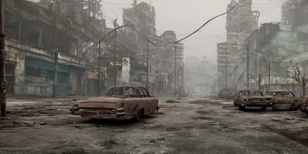 Image similar to wide angle shot of dilapidated fallout 5 tropical coastal city in real life, desolate, dilapidated, empty streets, nightmarish, some rusted retro futuristic fallout vintage style parked cars, overcast, blankets of fog pockets, rain, volumetric lighting, beautiful, daytime, autumn, sharp focus, ultra detailed, cgsociety