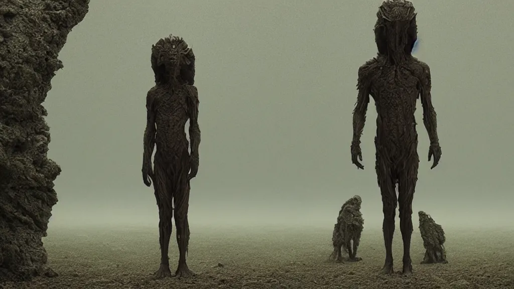 Prompt: a strange creature stands at an alter , film still from the movie directed by Denis Villeneuve with art direction by Zdzisław Beksiński, medium shot, shallow depth of field,
