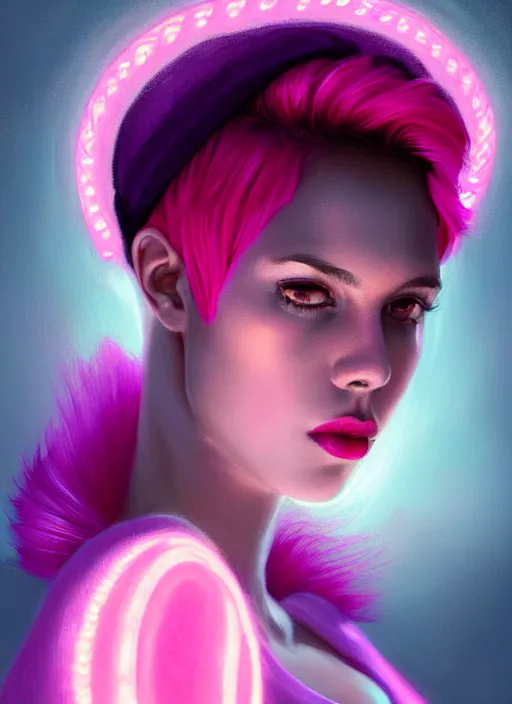 Image similar to portrait of vanessa morgan with bright pink hair, curly pixie cut hair, wearing a purple breton cap, breton cap, hoop earrings, intricate, elegant, glowing lights, highly detailed, digital painting, artstation, concept art, smooth, sharp focus, illustration, art by wlop, mars ravelo and greg rutkowski