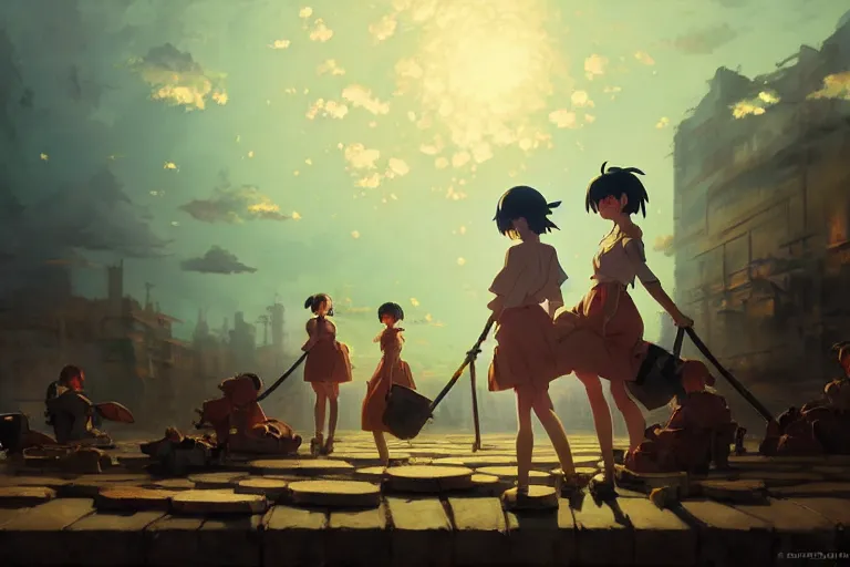 Image similar to baroque oil painting of key visual concept art of anime maids chaining captured pows to trucks, brutalist, dark fantasy, rule of thirds golden ratio, fake detail, trending pixiv fanbox, acrylic palette knife, style of makoto shinkai studio ghibli genshin impact james gilleard greg rutkowski chiho aoshima