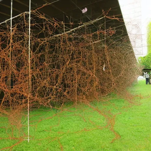 Prompt: Non-euclidean electric lawn mower, psychological horror, art by Chiharu Shiota