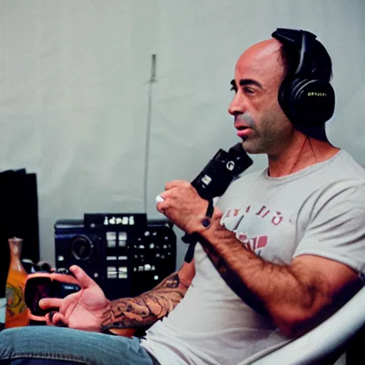 Image similar to photo of joe rogan doing a podcast, cinestill, 800t, 35mm, full-HD