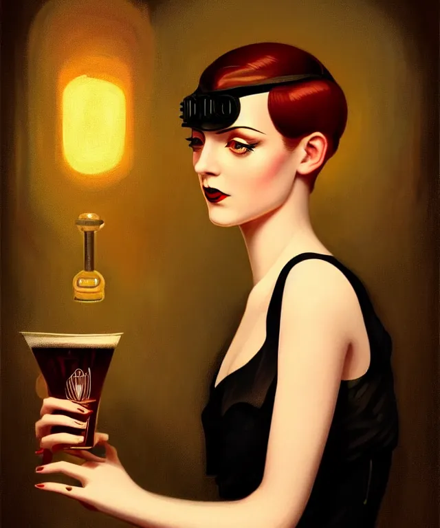 Prompt: a young sophisticated beautiful barmaid, cozy dimly-lit 1920s speakeasy dive bar, drinking at the bar, dystopian retro 1920s soviet vibe, relaxed pose, pixie cut, wild, highly detailed, digital painting, artstation, sharp focus, illustration, detailed digital art style by Tim Hildebrandt + perfect facial symmetry + dim volumetric lighting, vibrant deep colors, 🍸, 8k octane beautifully detailed render, post-processing, extremely hyperdetailed, epic composition, grim yet sparkling atmosphere, cinematic lighting + masterpiece, Art Nouveau