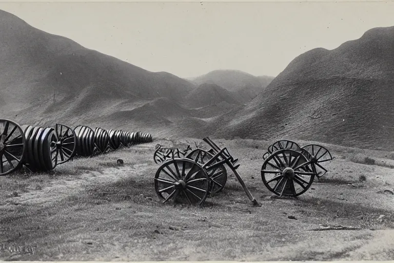 Image similar to artillery pieces entrenched with a beautiful background of hills and mountains, black and white photography, 1 9 0 5