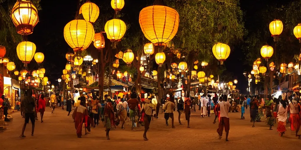 Image similar to african - asian walking street at night. savannah. there are glowing lanterns. street view